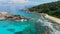 Aerial view of tropical paradise beach with white sand and crystal clear water of Indian Ocean La Digue Island, Seychelles