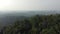 Aerial view of tropical rainforest and city at the horizon.