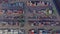 Aerial view of trucks unloading at the port container terminal.