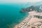 Aerial view on Tsampika sandy beach and lagoon with clear blue water at Rhodes island, Greece.