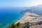 Aerial view on Tsampika sandy beach and lagoon with clear blue water at Rhodes island, Greece