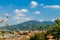 Aerial view Turin Borgo Po district quarter and Basilica di Superga Catholic church