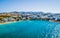 Aerial view on turquoise bay and white houses on the coast