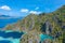 Aerial view of turquoise tropical lagoon with limestone cliffs in Coron Island, Palawan, Philippines. UNESCO World