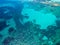 Aerial view of turquoise water of mediterranean sea in Corsica -