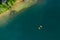 Aerial view of two boats on the lake, people spending free time during the weekend