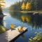 Aerial view of two chairs on a wooden dock by a serene lake on a sunny summer morning.