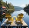 Aerial view of two chairs on a wooden dock by a serene lake on a sunny summer morning.