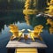 Aerial view of two chairs on a wooden dock by a serene lake on a sunny summer morning.