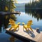 Aerial view of two chairs on a wooden dock by a serene lake on a sunny summer morning.