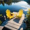 Aerial view of two chairs on a wooden dock by a serene lake on a sunny summer morning.