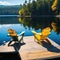 Aerial view of two chairs on a wooden dock by a serene lake on a sunny summer morning.