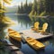 Aerial view of two chairs on a wooden dock by a serene lake on a sunny summer morning.