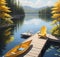 Aerial view of two chairs on a wooden dock by a serene lake on a sunny summer morning.