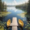 Aerial view of two chairs on a wooden dock by a serene lake on a sunny summer morning.