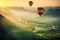 Aerial View Of Two Hot Air Balloons Amidst A Green Foggy Scenic Landscape At Sunrise - Generative AI