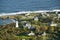 Aerial view of Two Lights Lighthouse on the oceanfront in Cape Elizabeth, Maine coastline south of Portland