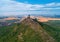 Aerial view of two stone towers,  ruins of medieval castle Hazmburk, Czech republic