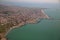 Aerial view of the Tyrrhenian coastline and Fiumicino town, near