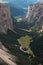 Aerial view of U-shaped glacial valley in Dolomites