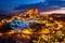 Aerial view of Uchisar Castle at night in Cappadocia, Turkey