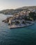 Aerial view of Ulcinj, a small town on a rocky promontory along the Mediterranean coastline in Montenegro during sunset