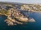 Aerial view of Ulcinj, a small town on a rocky promontory along the Mediterranean coastline in Montenegro during sunset