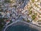 Aerial view of Ulcinj, a small town on a rocky promontory along the Mediterranean coastline in Montenegro during sunset