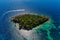 Aerial view of uninhabited island near of Agia Paraskeui Beach with turquoise sea in Parga area, Ionian sea, Epirus, Greece