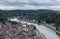 Aerial view upstream Meuse with bridge, Citadel Fort, Dinant, Belgium