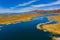 Aerial view of the Uros Straw Floating Islands on Lake Titicaca near Puno, Peru