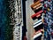 Aerial view of used cars lined up in the port