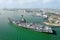 Aerial view of the USS Lexington Museum by the Bay in Corpus Christi, Texas on a sunny day