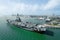 Aerial view of the USS Lexington Museum by the Bay in Corpus Christi, Texas on a sunny day