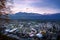 Aerial view of Vaduz at sunset with Appenzell Alps on background - Vaduz, Liechtenstein