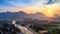 Aerial view of Vang vieng with mountains at sunset