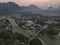 Aerial view of Vang Vieng and Nam Song river at sunset, Laos