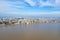 Aerial view of Varanasi city with  Ganges river, ghats, the houses in Varanasi, Banaras, India