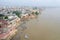 Aerial view of Varanasi city with  Ganges river, ghats, the houses in Varanasi, Banaras, India