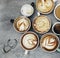 Aerial view of various coffee cups