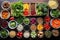 aerial view of various vegan meal prep ingredients on a table