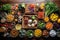 aerial view of various vegan meal prep ingredients on a table