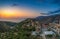 Aerial view of Vathia village at sunset. Vathia, Mani, Laconia, Peloponnese, Greece