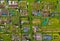 Aerial view of vegetable allotments forming geometric pattern in spring weather