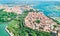 Aerial view of Venetian lagoon and cityscape of Venice island in sea from above, Italy