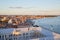 Aerial view of Venice before sunset with coast and roofs, Italy