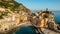 Aerial view of Vernazza and coastline of Cinque Terre,Italy.UNESCO Heritage Site.Picturesque colorful village on rock above sea.