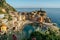 Aerial view of Vernazza and coastline of Cinque Terre,Italy.UNESCO Heritage Site.Picturesque colorful village on rock above sea.