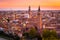 Aerial view of Verona city night cityscape and Church Santa Anastasia, with Adige river , located in Veneto, Italy, viewed from