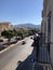 Aerial view Via Fardella road in the town, Trapani, Sicily, Italy. Aerial view at the main street wit the trees in Italy